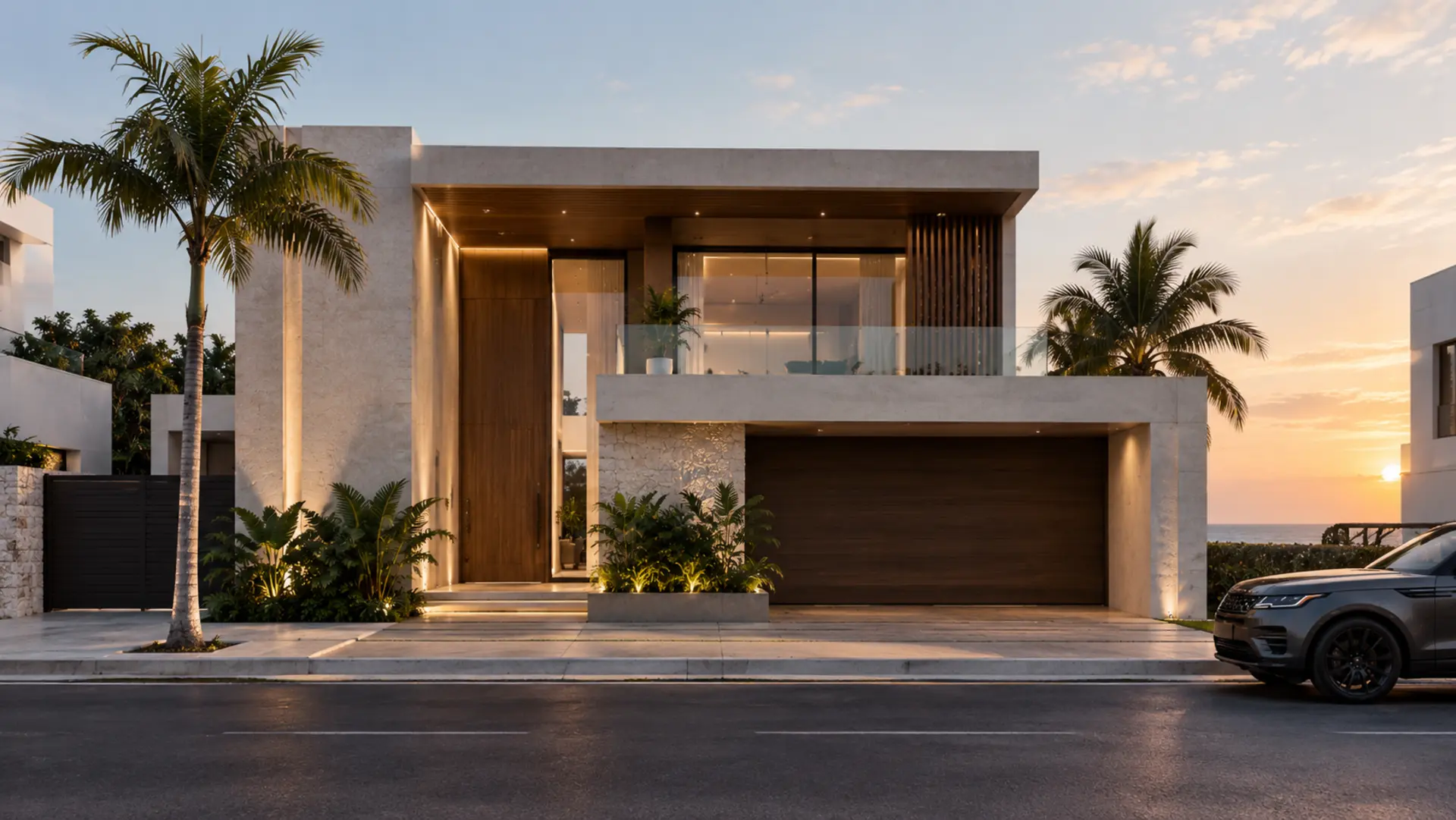 Interior de una residencia GCA4 en Riviera Maya, con acabados en piedra travertino