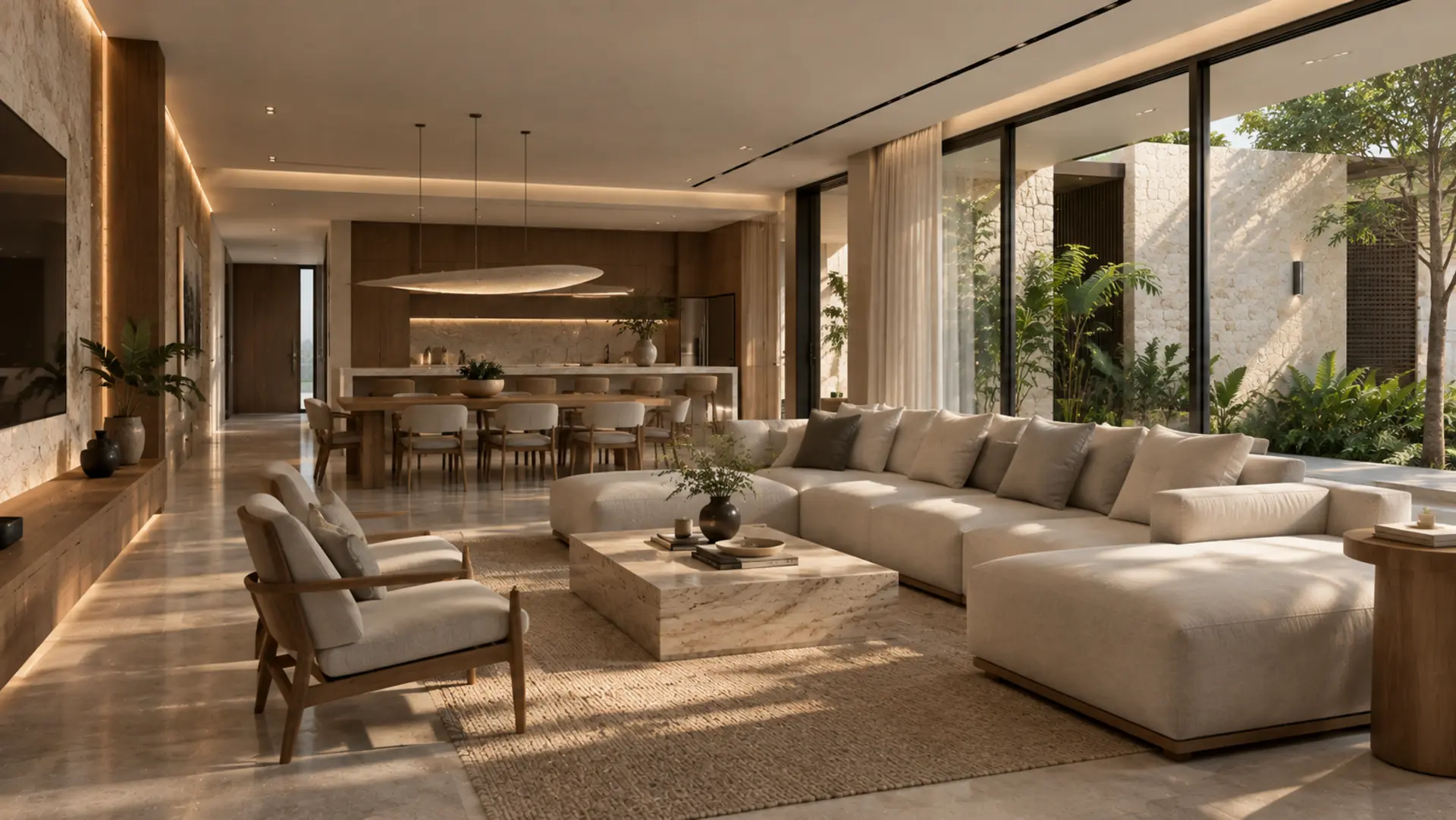 Fachada de una residencia contemporánea GCA4 al atardecer, con concreto, madera y palmeras